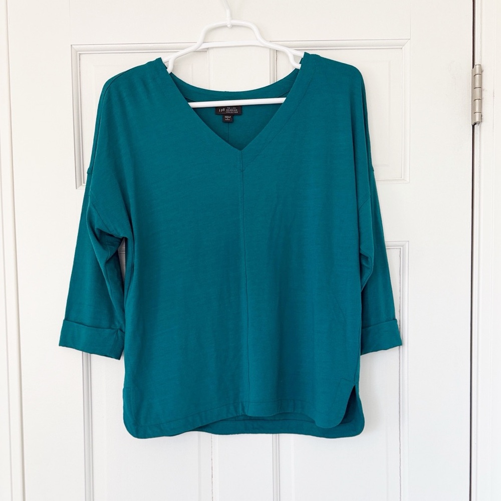 J.JILL shirt size S teal green v-neck Wearever Collection 3/4 length sleeves